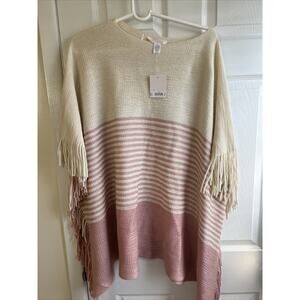 Lauren Conrad Knit Poncho Pullover Shawl Sweater Ivory And Rose Pink With Fringe
